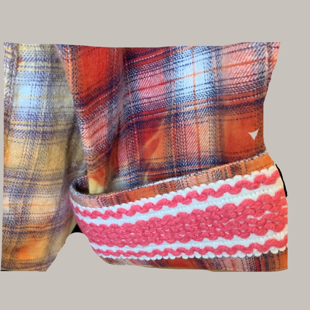 Upcycled Plaid Multicolor Boyfriend Shirt with Detachable Hip Bigfoot with Fur. - Picture 9 of 13